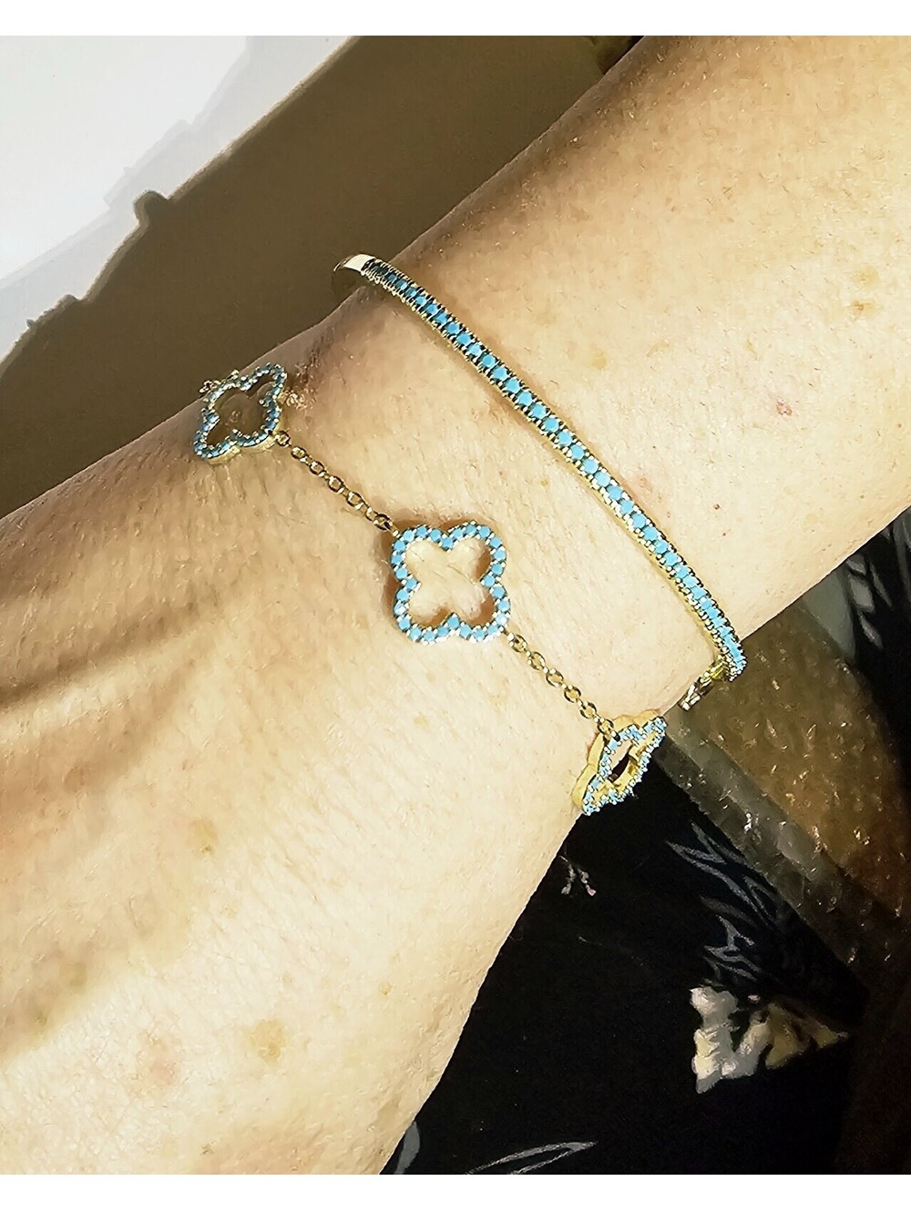 Gold-plated Turquoise CZ Bracelets Pave Hinged Bangle Clover Chain Set Of Two - Picture 3 of 6